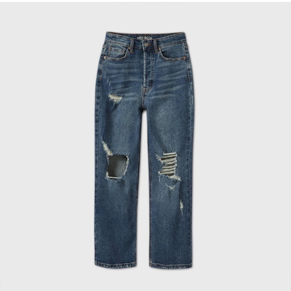 High-rise distressed straight leg jeans